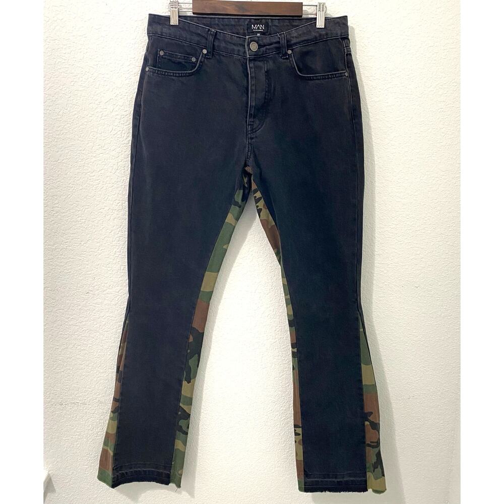 BoohooMAN Black Skinny Flare Jeans Camo Panel Button Fly Distressed Hem 32x31